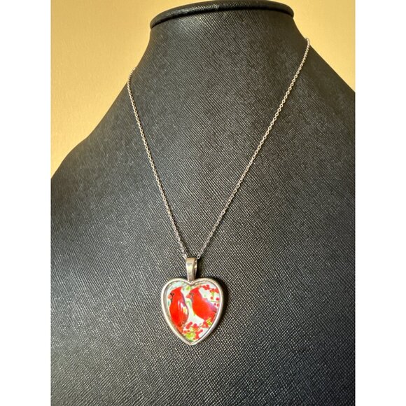 Silver Heart Pendant Necklace Double Design Birds Cardinal Art Adjustable - Picture 1 of 11